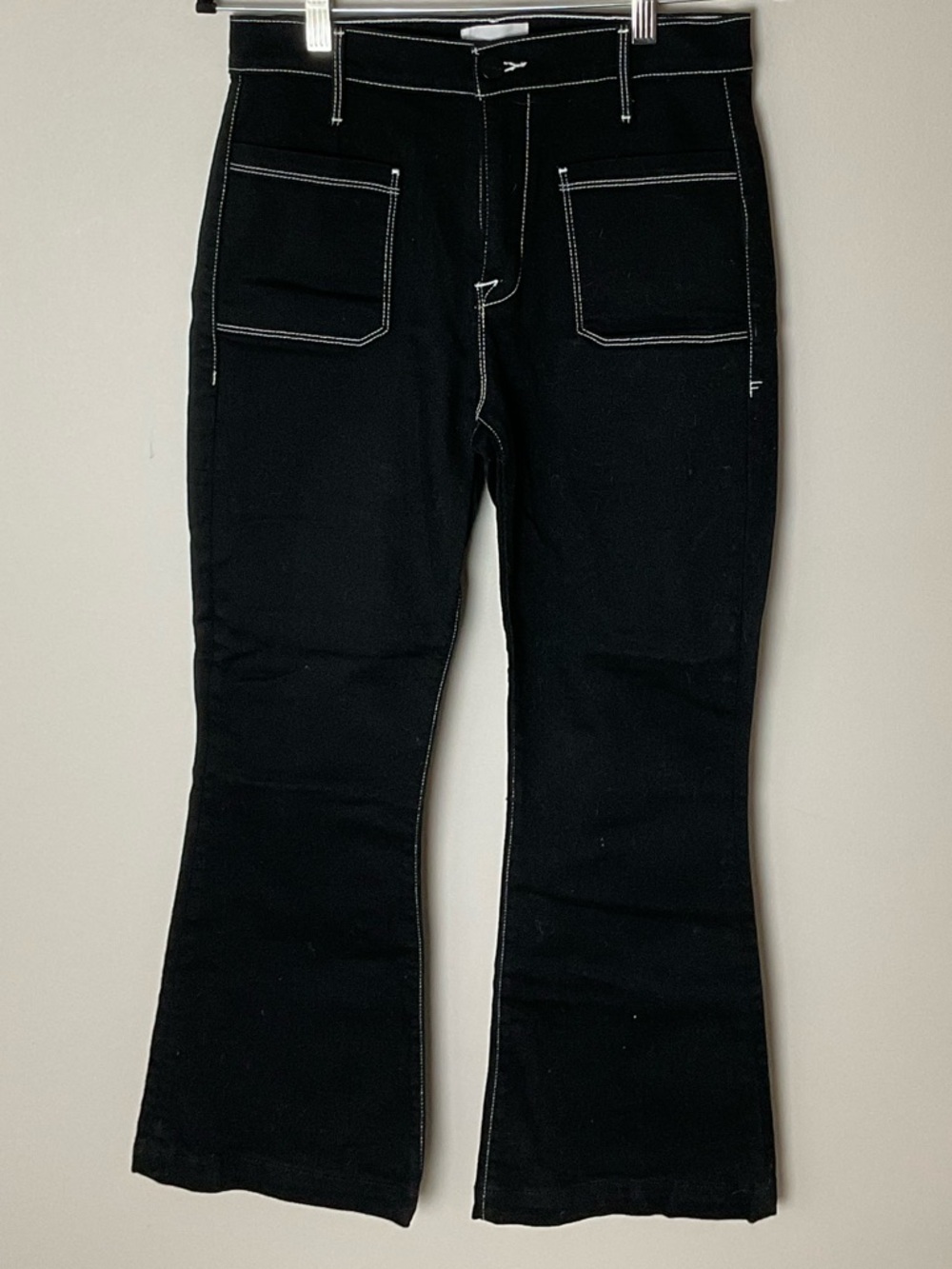 Frame Le Bardot Black Flared Jeans White Contrast Stitching Vintage 70s Hippie